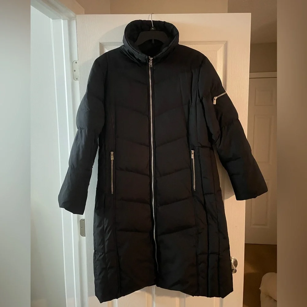 Michael Kors Black Long Quilted Puffer Coat with High Collar
